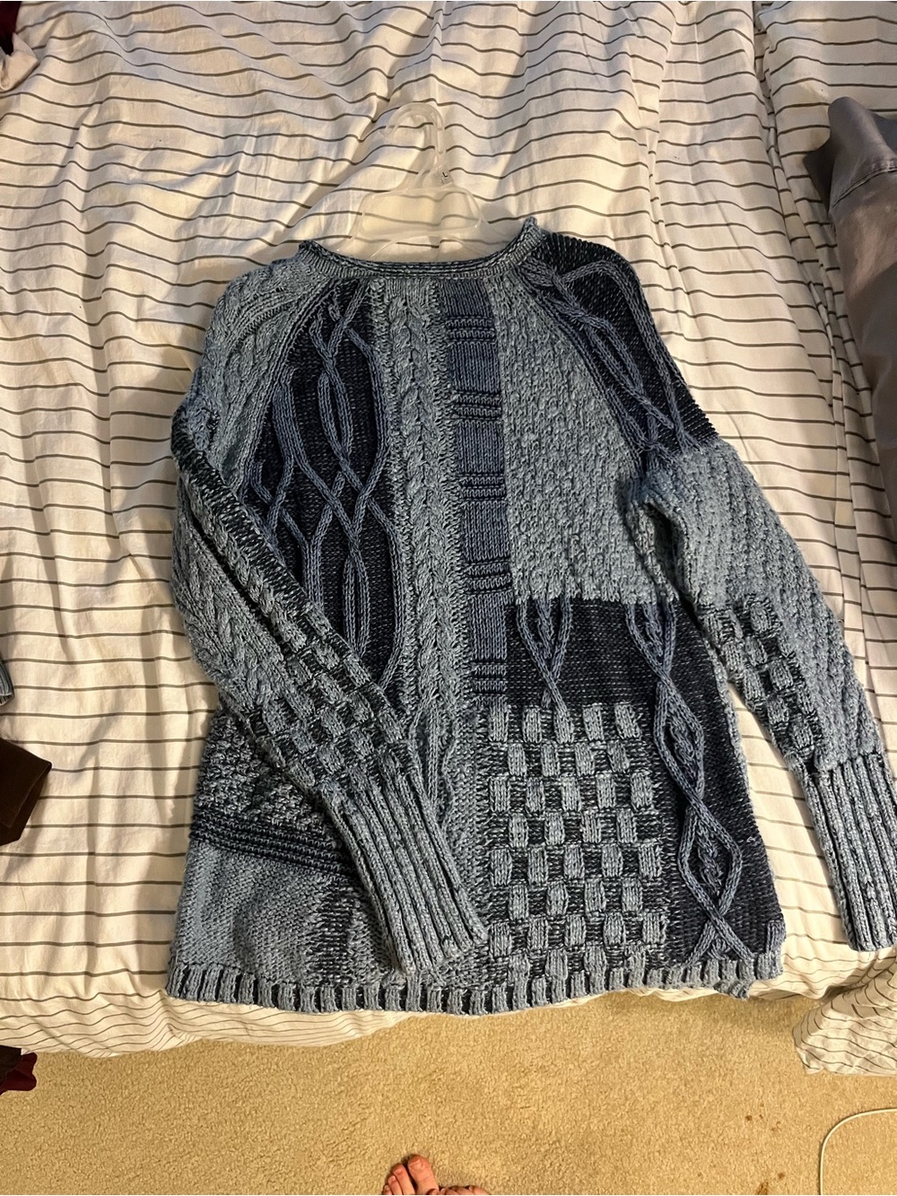Chaps Blue Patchwork Cable & Texture Crewneck Sweater